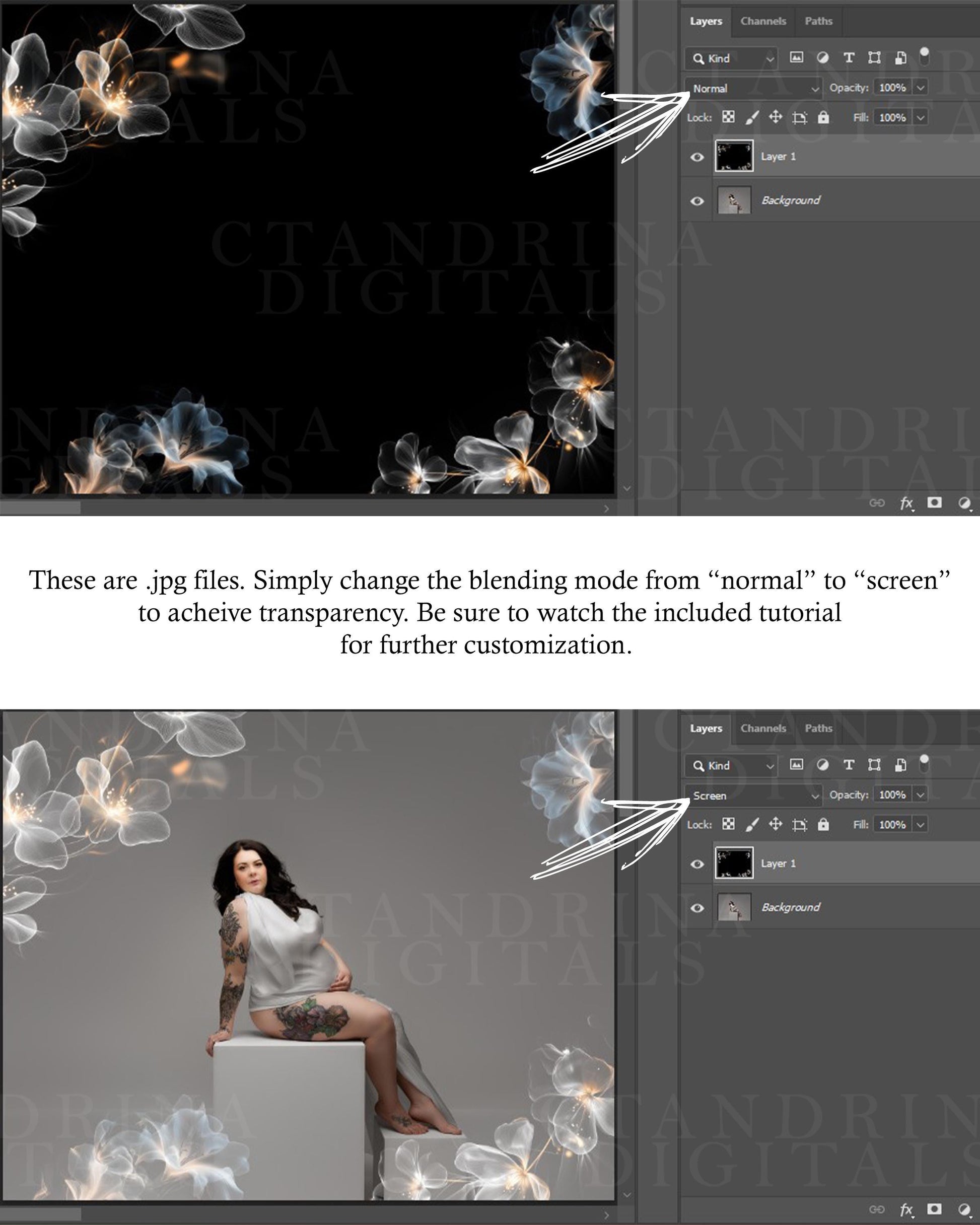 Glowing Flower Digital Backdrop Overlays, Floral Light Overlay, Floral Branch Overlays for Photoshop, Digital Background Overlay, Tutorial
