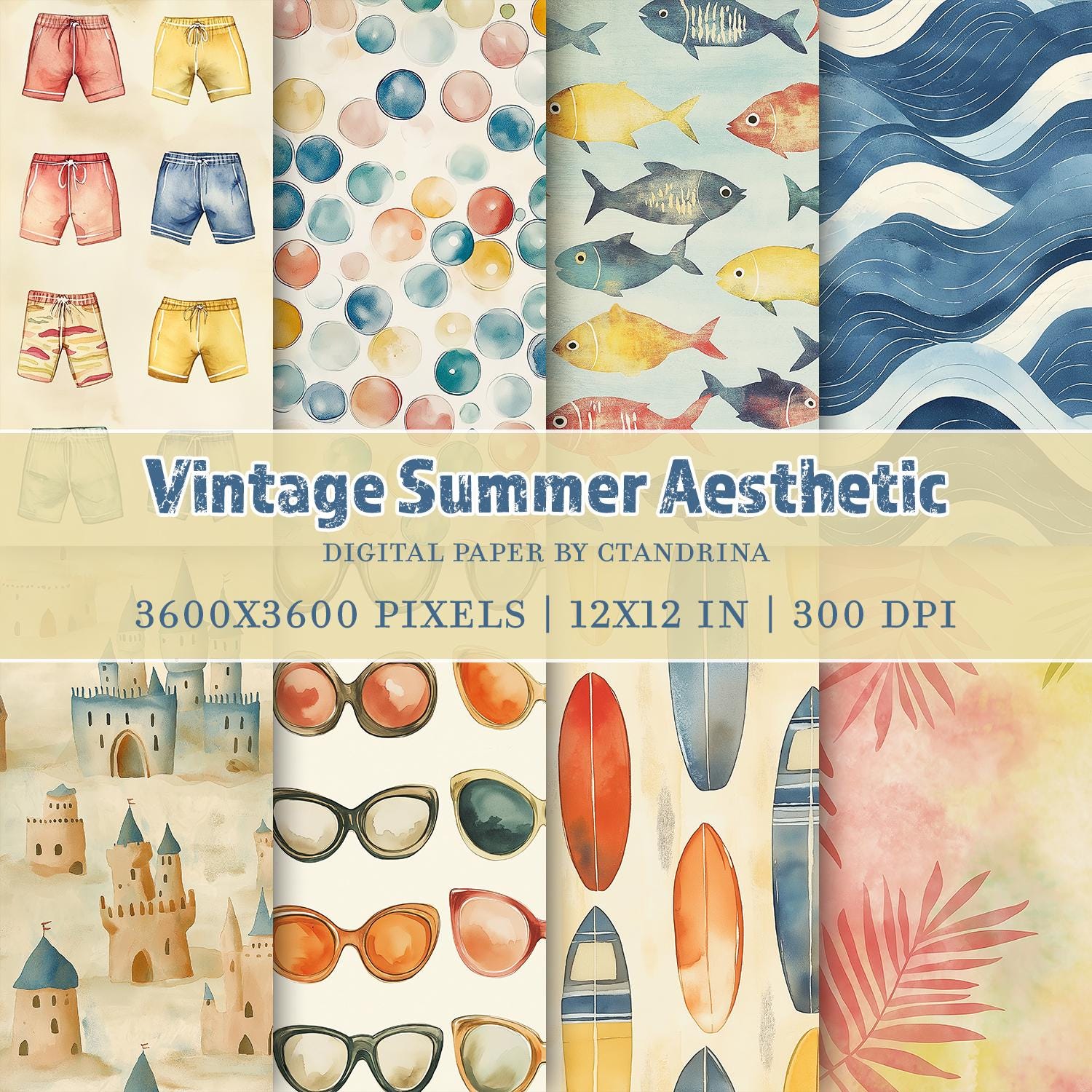 Vintage Summer Aesthetic Digital Paper, Printable Scrapbook Paper, Digital Paper for Personal and Small Commercial Use, Beachy Craft Paper