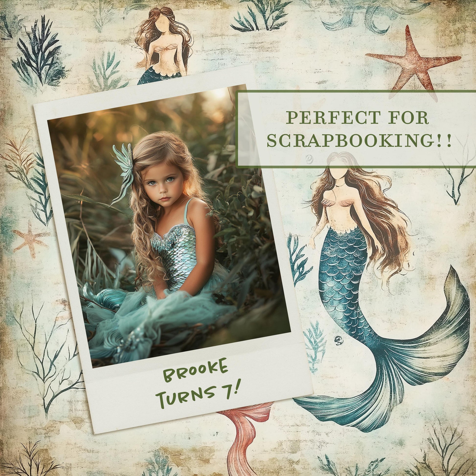 Vintage Under The Sea Watercolor Digital Paper, Mermaid Printable Scrapbook Paper, Digital Paper for Personal & Small Commercial Use