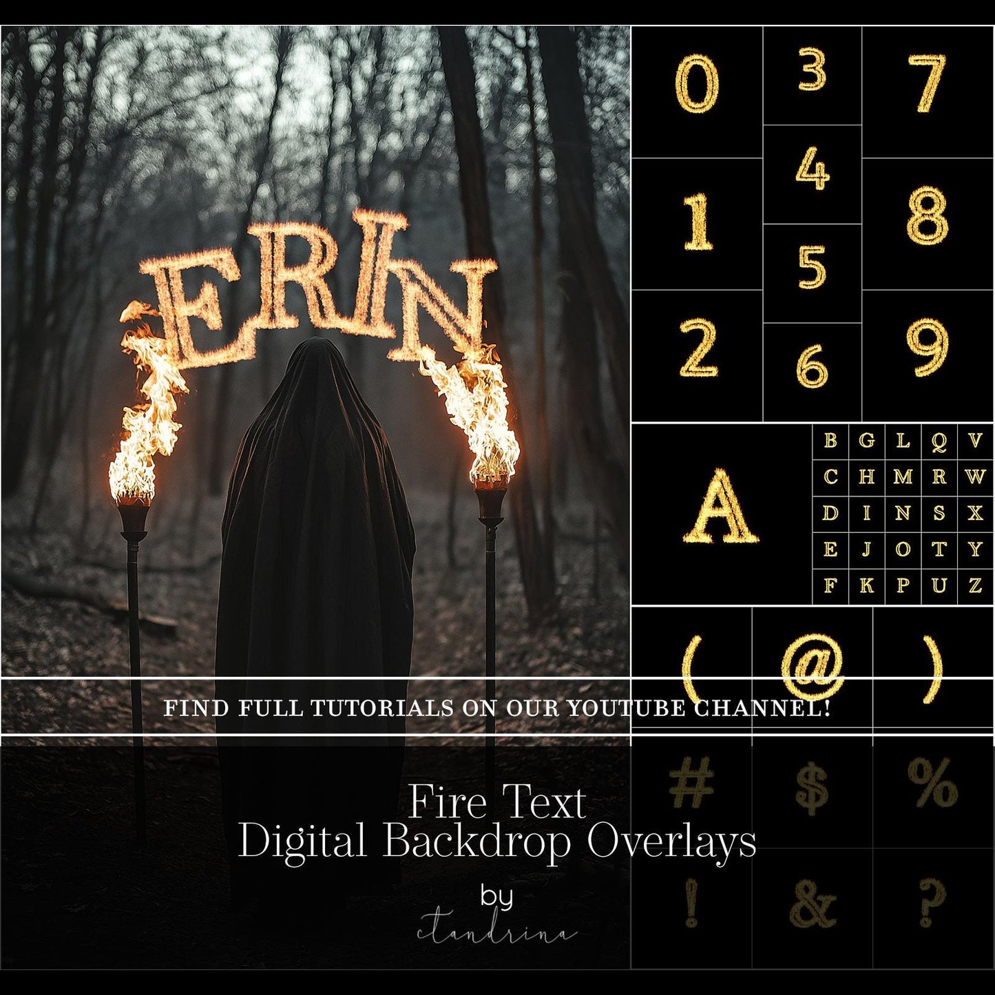 Fire Text Overlays, Flame Effect Letters, Fire Alphabet, Fire Numbers, Whimsical Fire Digital Backdrop Text Overlays for Photoshop