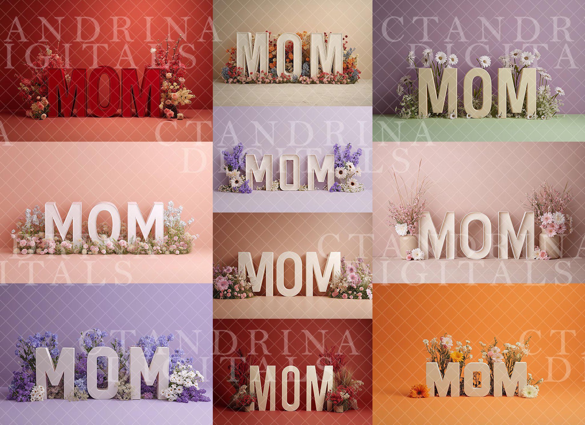 Mother's Day Marquee Digital Backdrops (Unlit), Maternity Digital Backdrops, MOM & Floral Sign Backgrounds for Photoshop, Tutorial Included