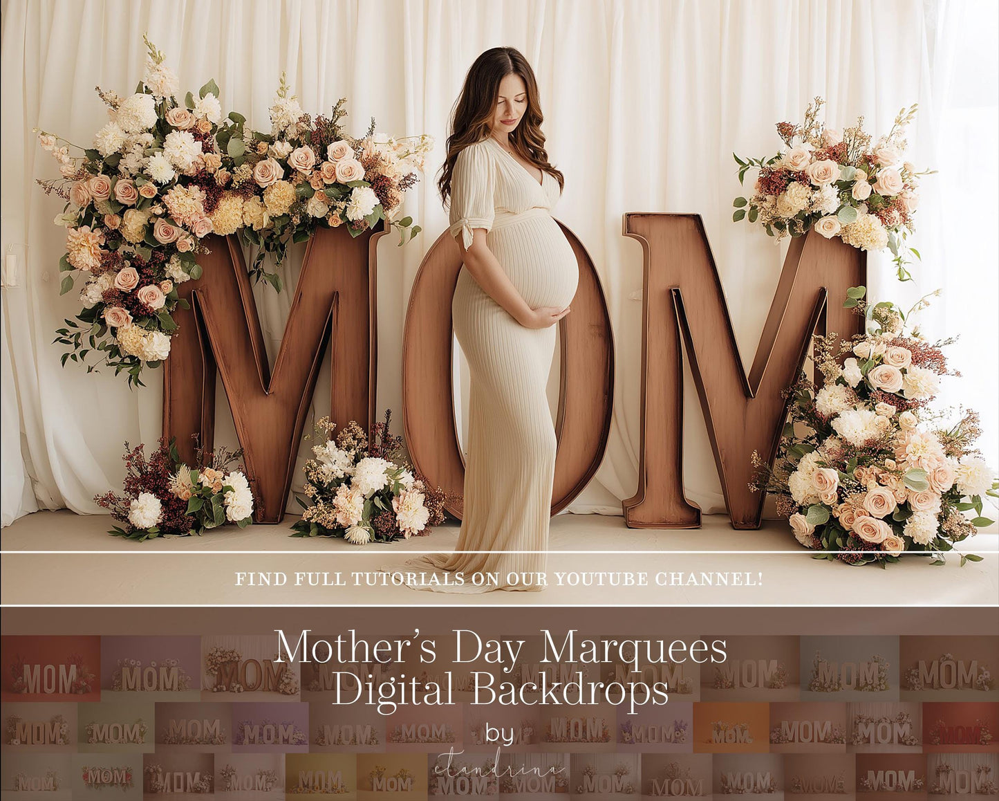 Mother's Day Marquee Digital Backdrops (Unlit), Maternity Digital Backdrops, MOM & Floral Sign Backgrounds for Photoshop, Tutorial Included