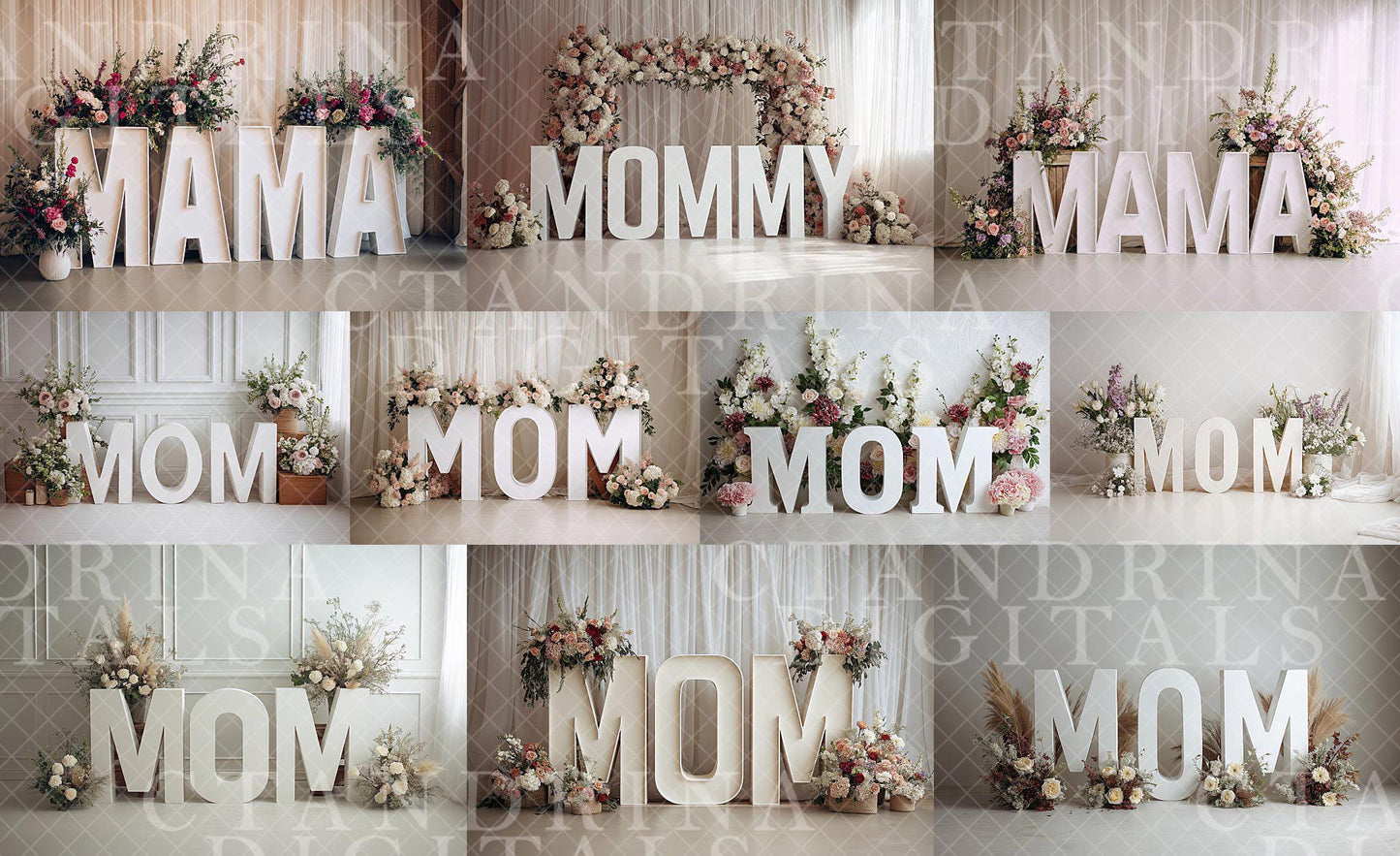Mother's Day Marquee Digital Backdrops (Unlit), Maternity Digital Backdrops, MOM & Floral Sign Backgrounds for Photoshop, Tutorial Included