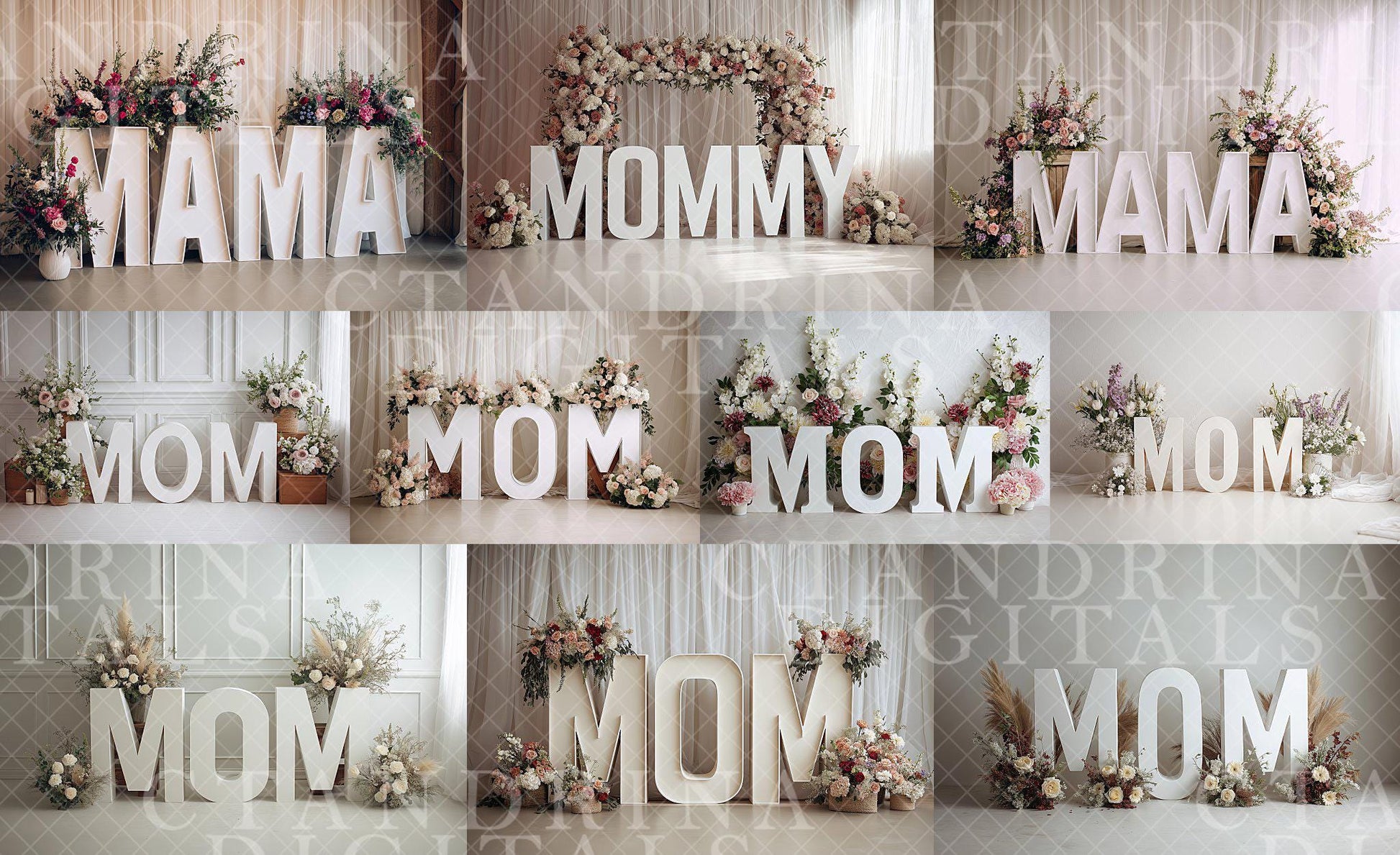Mother's Day Marquee Digital Backdrops (Unlit), Maternity Digital Backdrops, MOM & Floral Sign Backgrounds for Photoshop, Tutorial Included