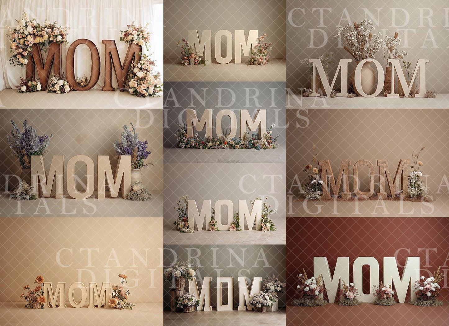 Mother's Day Marquee Digital Backdrops (Unlit), Maternity Digital Backdrops, MOM & Floral Sign Backgrounds for Photoshop, Tutorial Included