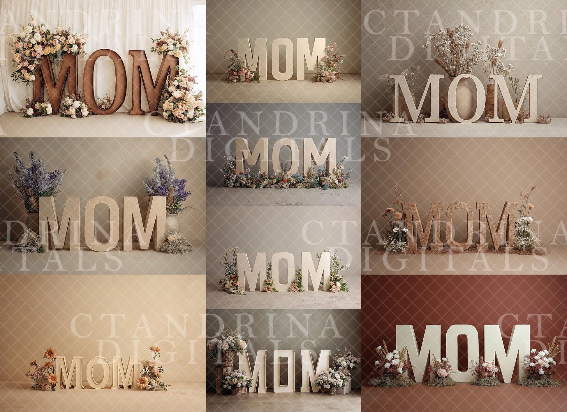 Mother's Day Marquee Digital Backdrops (Unlit), Maternity Digital Backdrops, MOM & Floral Sign Backgrounds for Photoshop, Tutorial Included