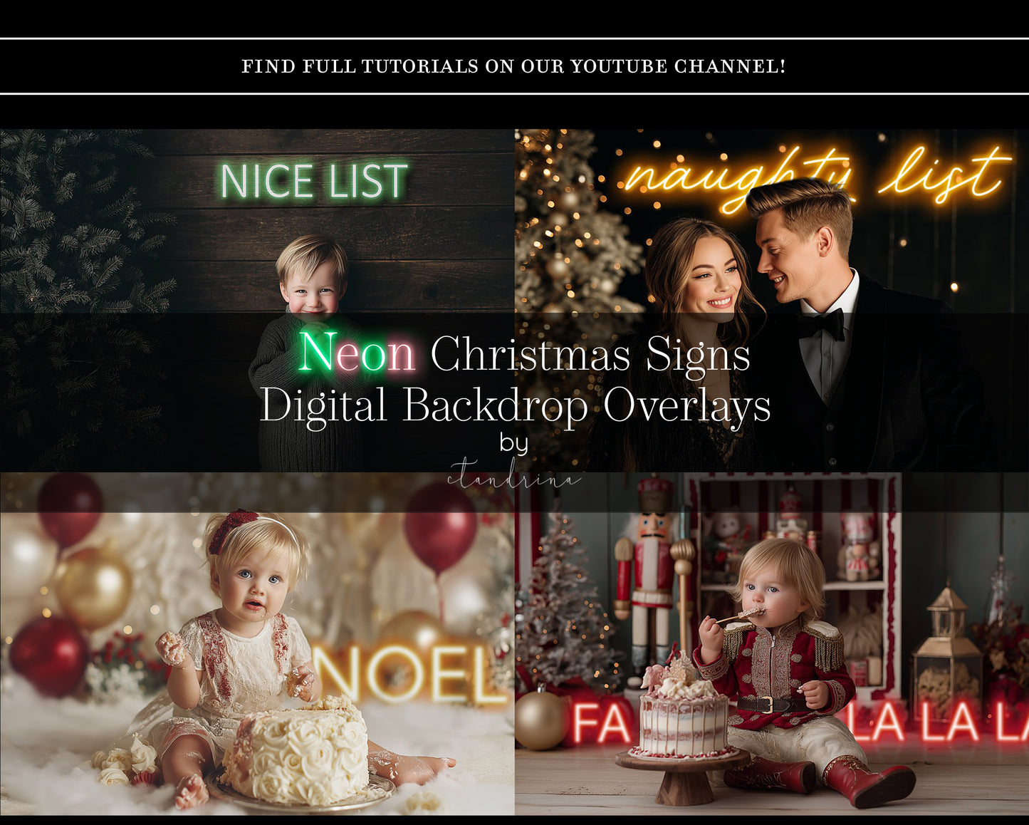 Neon Christmas Signs | Glowing Holiday Overlays for Photoshop (Digital Download)