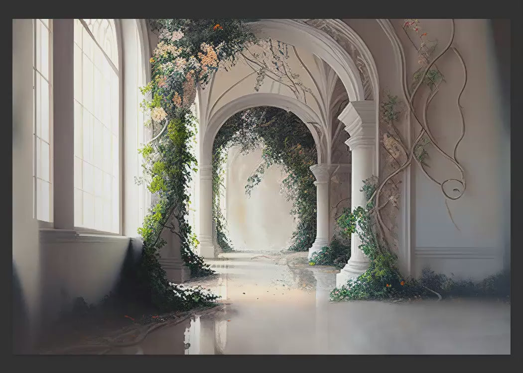 Grand Archway Digital Backdrops, White Flower Vines and Archway Digital Backdrops Overlays for Photoshop, Digitally Created Backdrops