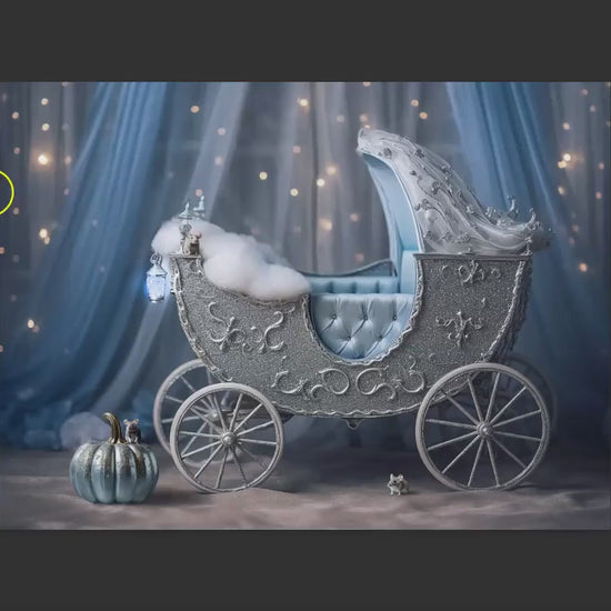 Princess Newborn Digital Backdrop, Blue and Silver Princess Carriage Newborn Backdrop, Carriage Baby Backdrop with a Pumpkin and Mice