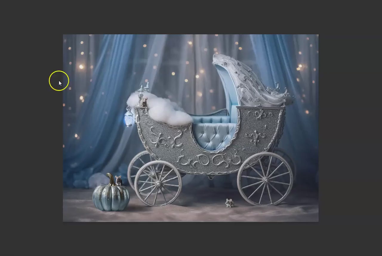 Princess Newborn Digital Backdrop, Blue and Silver Princess Carriage Newborn Backdrop, Carriage Baby Backdrop with a Pumpkin and Mice