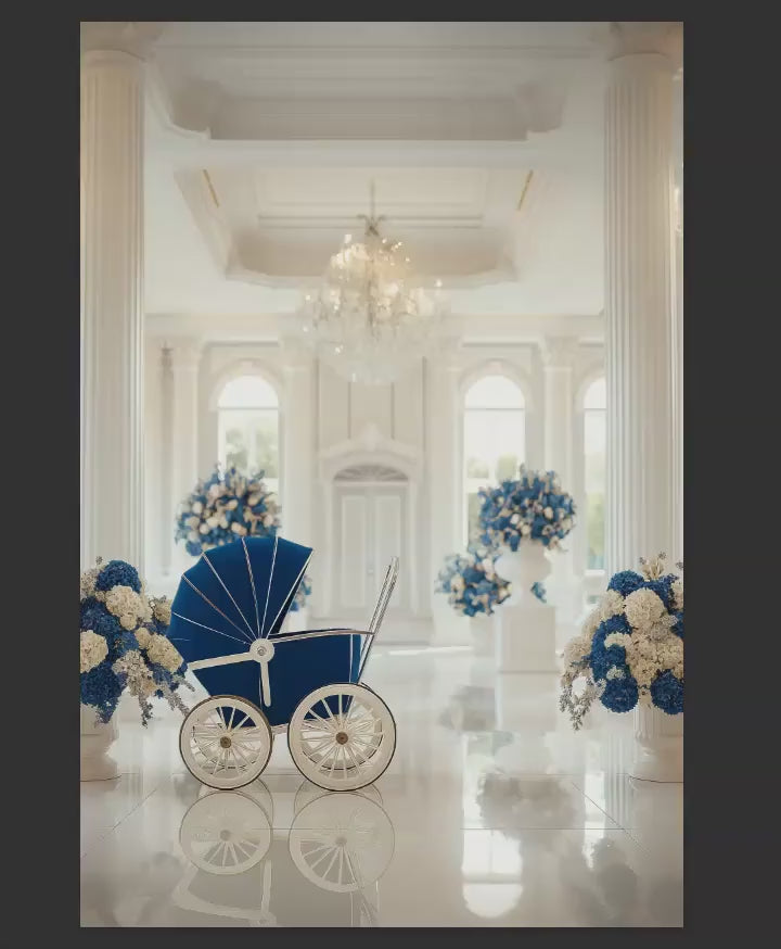 Blue and White Royal Room with Baby Carriage Maternity Digital Backdrop, Maternity Pram Digital Background, Maternity Digital Backdrops