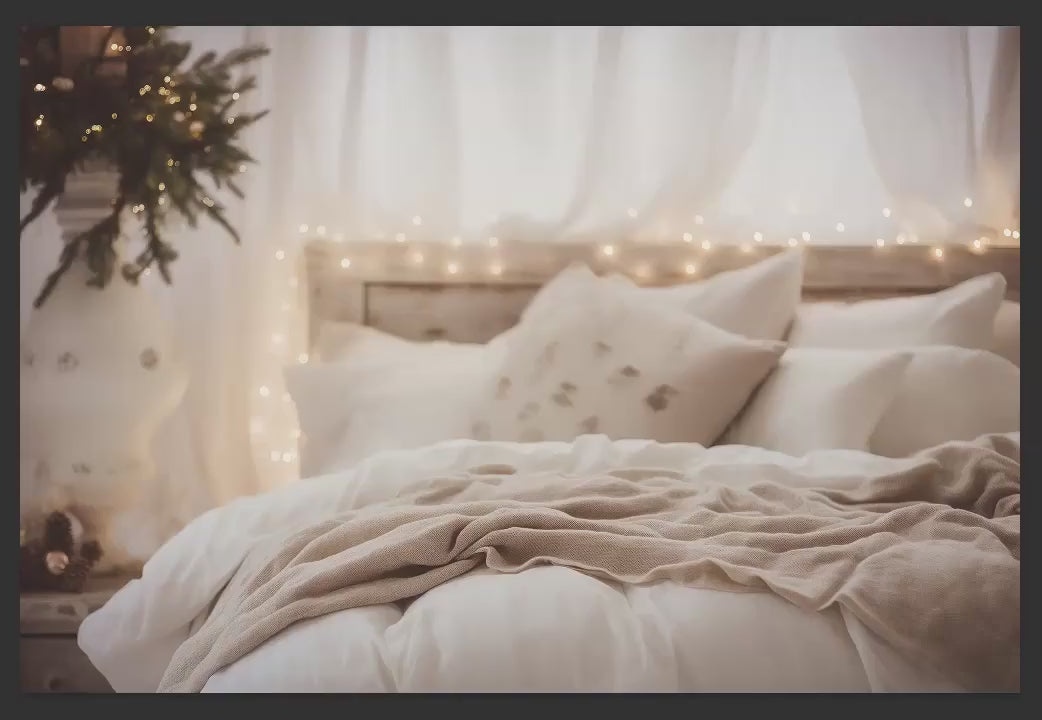 Cozy Christmas Bokeh Bed Digital Backdrops, White and Beige Bed with Bokeh Lights Christmas Digital Background for Composites - 4 Pack