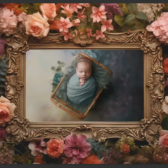 Frame in Florals Digital Photo Template, Antique Frame in Flowers Backdrop for Photoshop, Fine Art Frame Template, PNG Frame for Photoshop