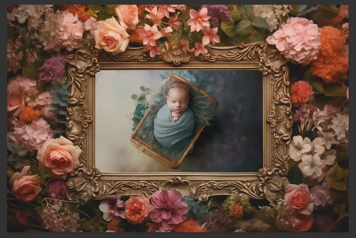 Frame in Florals Digital Photo Template, Antique Frame in Flowers Backdrop for Photoshop, Fine Art Frame Template, PNG Frame for Photoshop