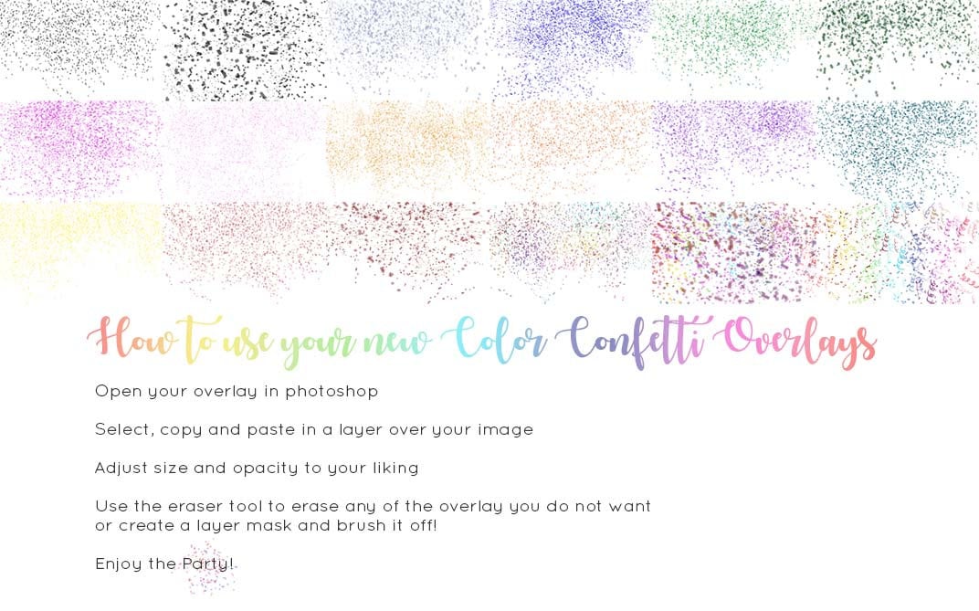 Color Confetti Overlays, Bonus Rainbow Confetti Overlays, Celebratory Confetti, Falling Confetti, Party Confetti Overlays for Photoshop