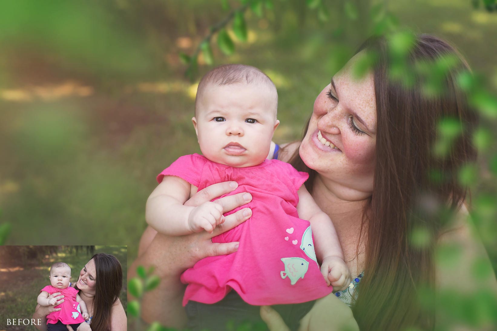 Before and after look with applied green leaf overlay to a photo of a woman and her baby.