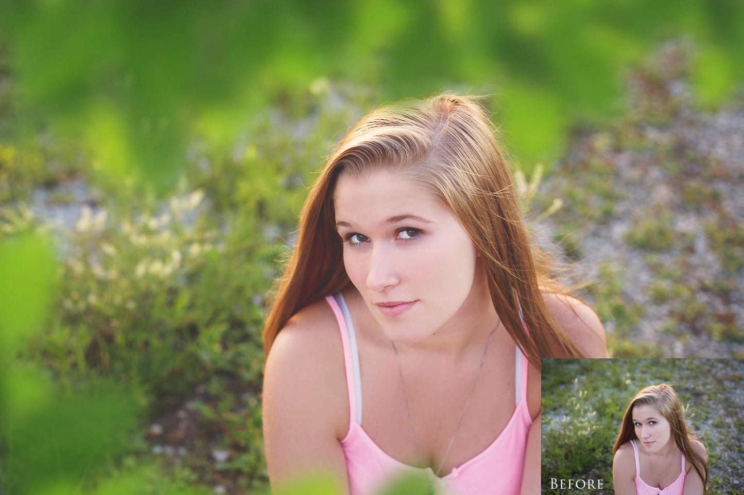 Before and after look with applied green leaf overlay of a woman with a green landscape background.