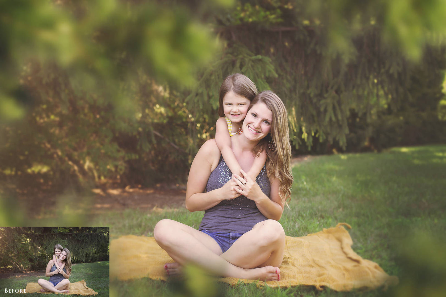 Before and after look with applied green leaf overlay to a photo of a woman and a girl on a picnic blanket in the grass.