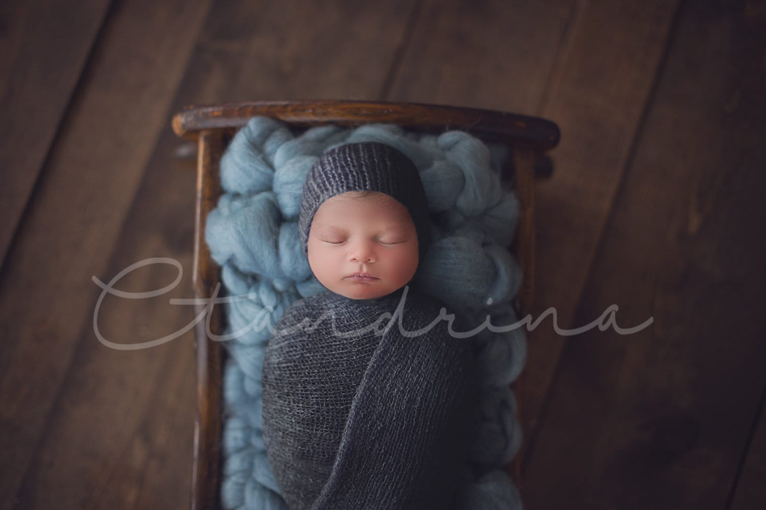 Newborn Digital Backdrop, Antique Cradle with Blue Bump Blanket, Dark Wood Cradle Prop, Newborn Digital Backdrops for Photoshop