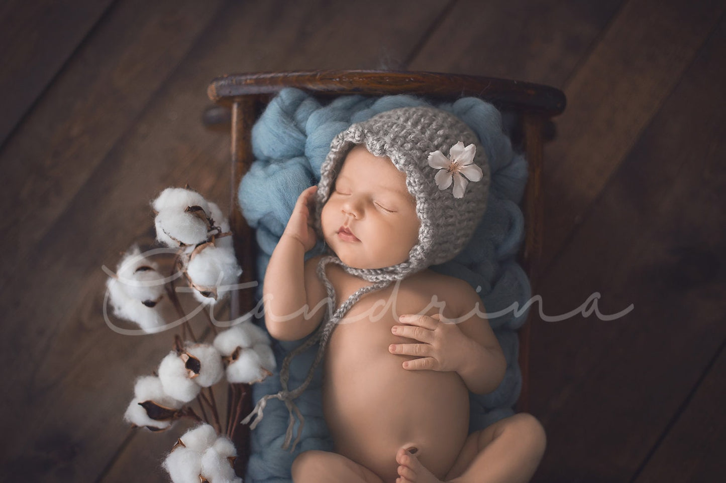 Newborn Digital Backdrop, Antique Cradle with Blue Bump Blanket, Blue & Cotton, Newborn Digital Backdrops for Photoshop