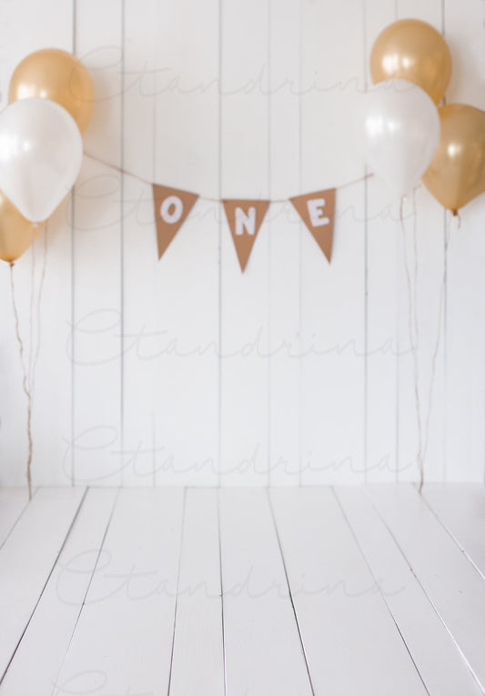 Gold and White One Year Session Digital Backdrop, 1st Birthday Digital Background, Birthday Backdrop, Banner and Balloons Background