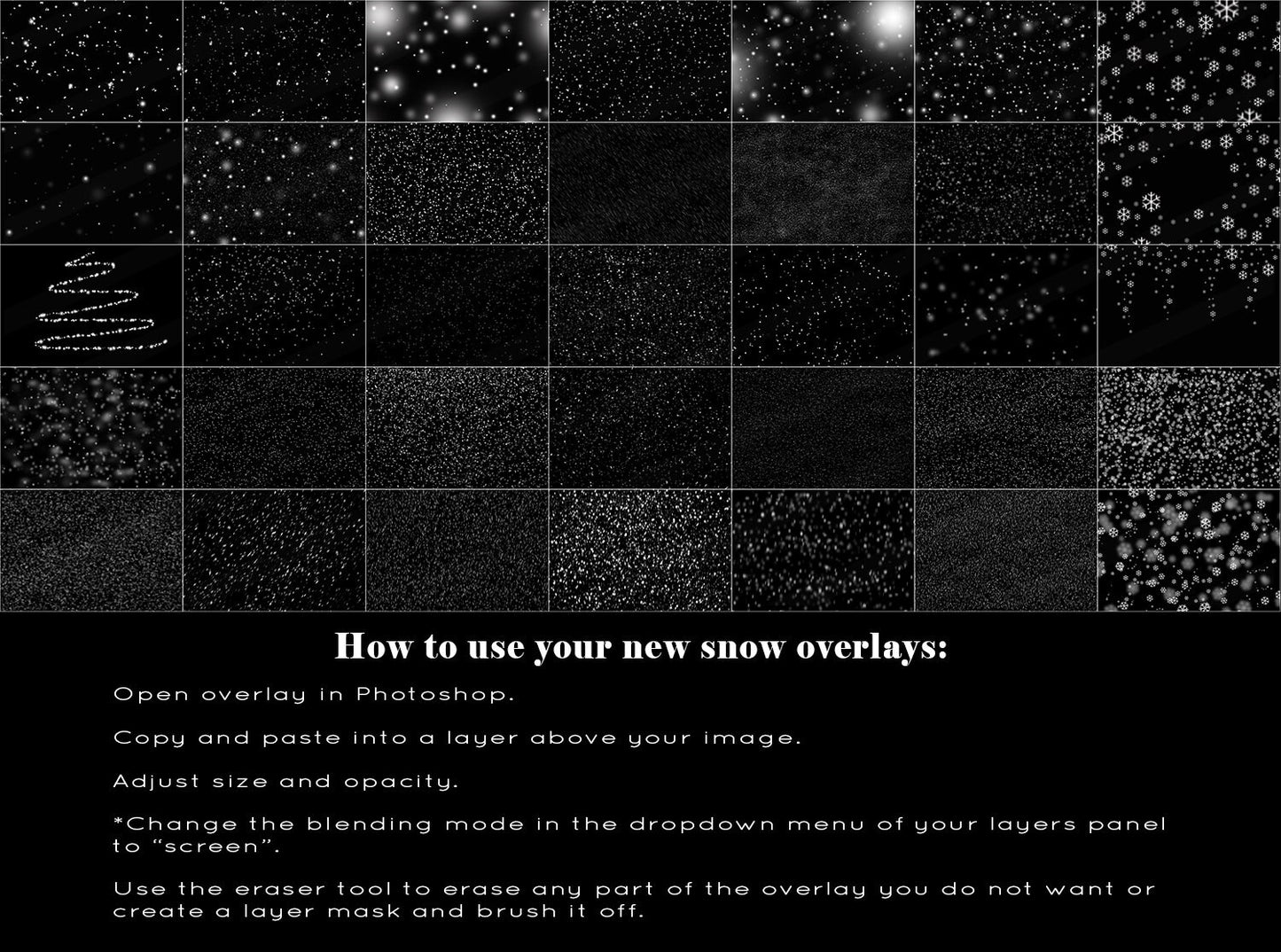 Snow Overlays for Photoshop, Snowflake Overlays, Dreamy and Realistic Snow Filters for Photoshop, Winter Overlays for Photography