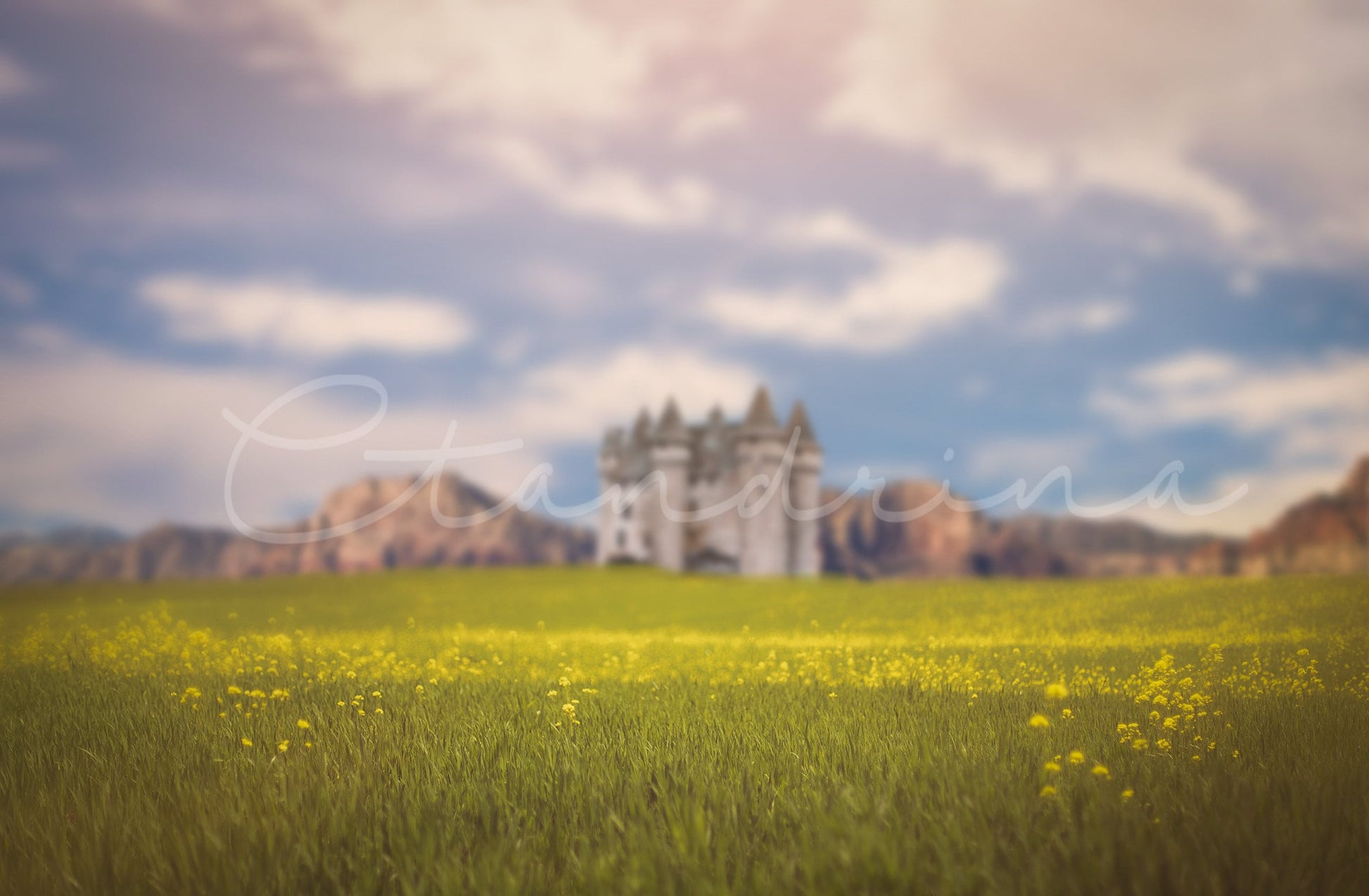 Field of Yellow Flowers with Mountains and a Castle Digital Backdrop, Dreamy Digital Backdrop, Castle Digital Backdrop for Photoshop