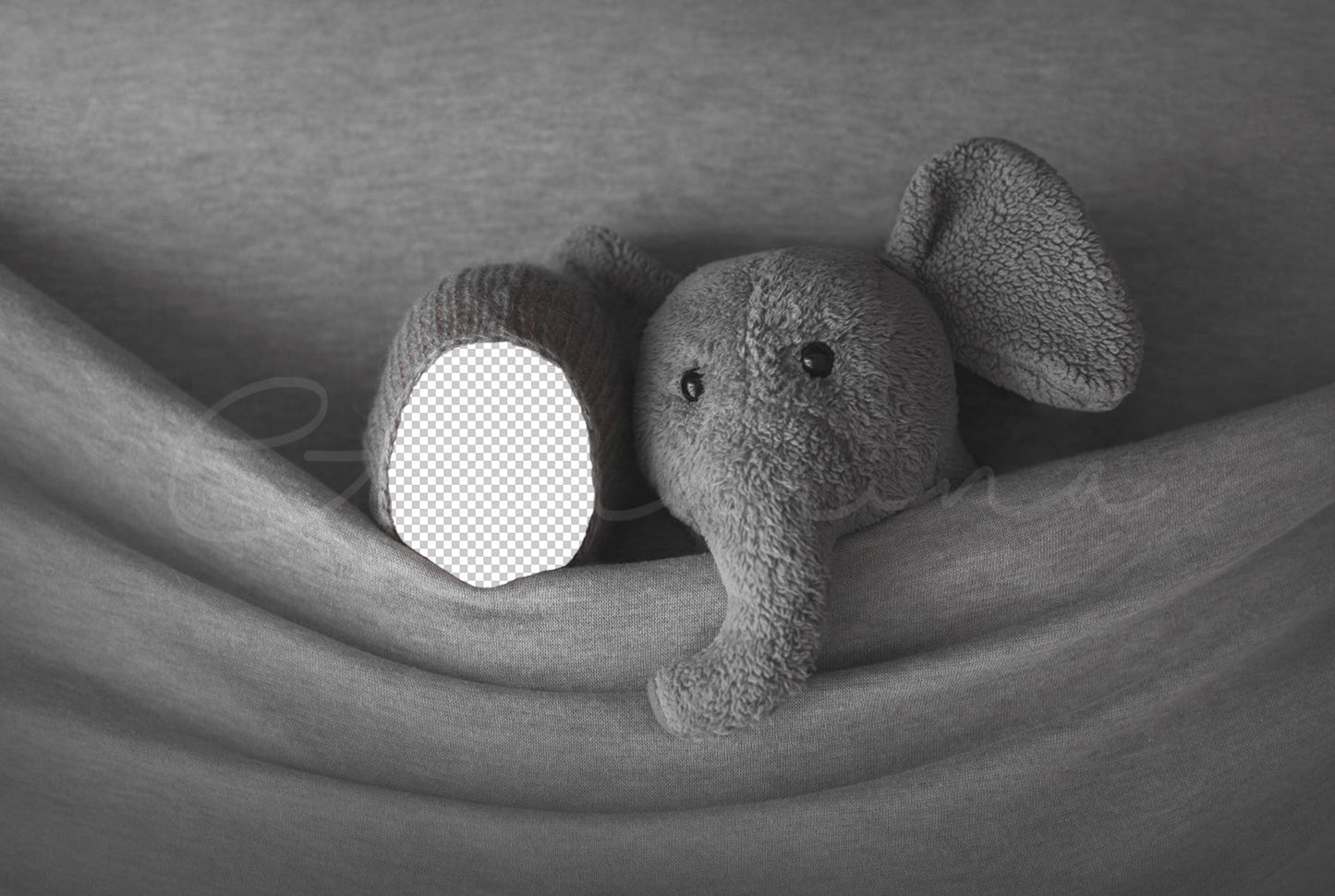 Elephant under the Covers Newborn Digital Backdrop, Old Stuffed Elephant with Baby Background, PNG Newborn Digital Backdrop for Photoshop