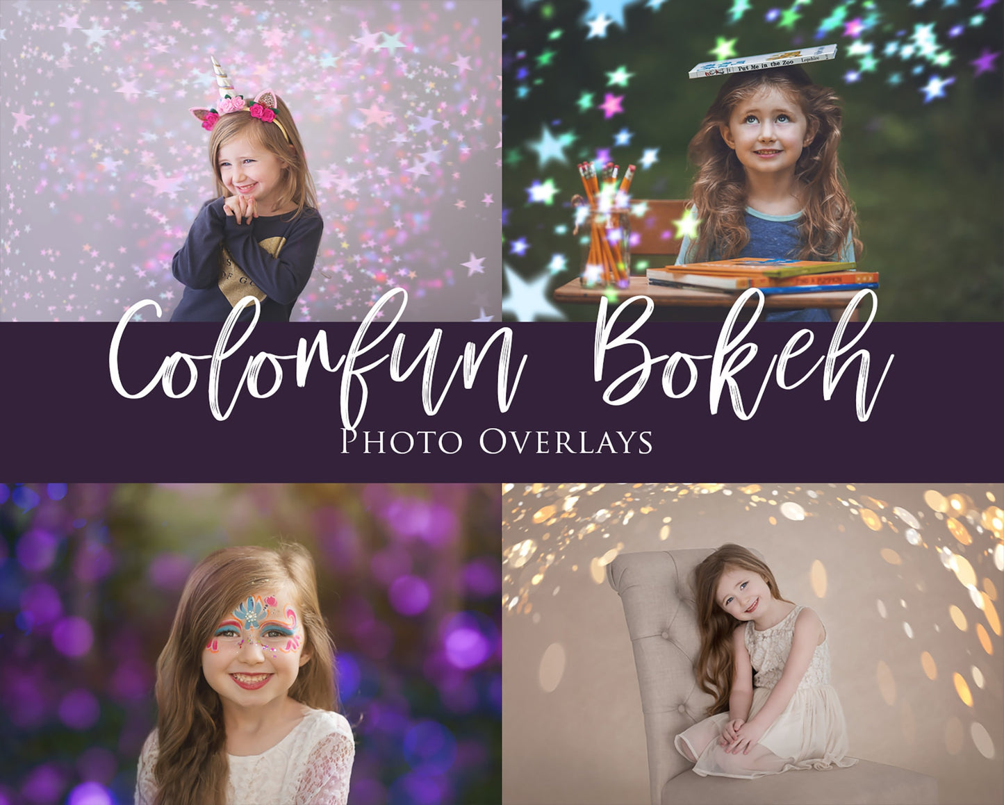 42 Color Fun Bokeh Overlays, Heart Bokeh, Star Bokeh, Pretty Bokeh Photoshop Overlays, Light Overlays, Colorful Bokeh Overlays for Photoshop