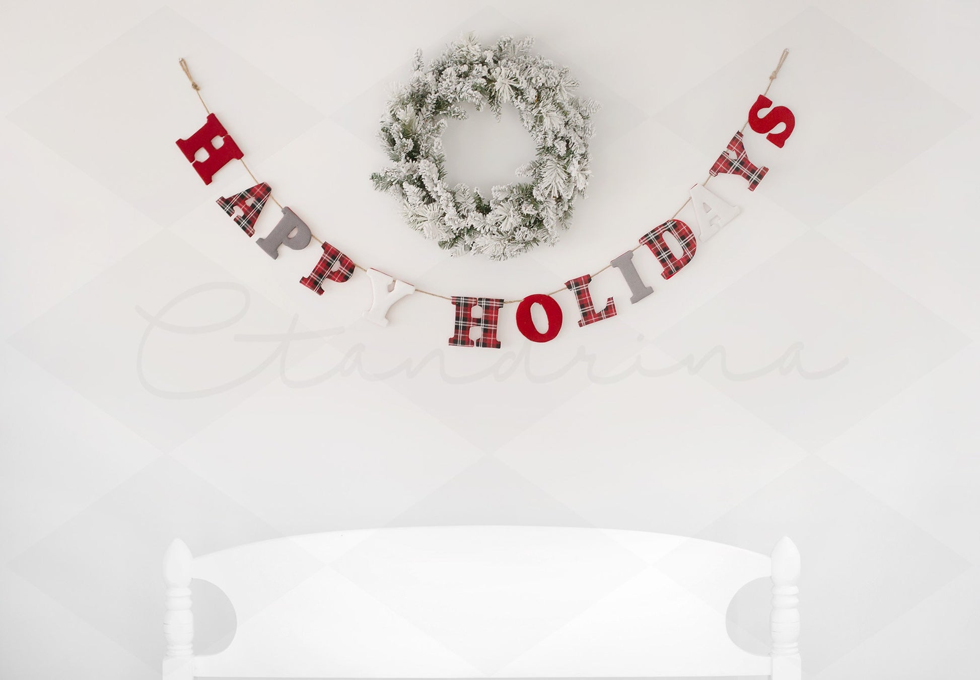 Happy Holidays Banner with Wreath and Headboard Digital Backdrop, White and Bright Christmas Background, Christmas Backdrop for Photoshop