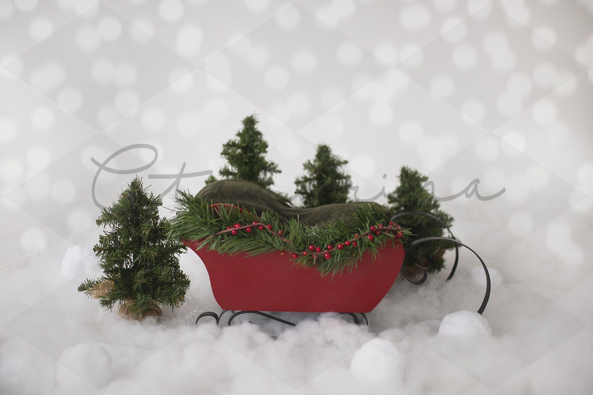 Santa Sleigh Newborn Digital Backdrop, Red Sleigh with Pine Trees and Bokeh Digital Background, Christmas Digital Backdrops for Photoshop