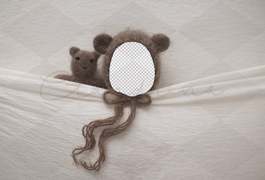 Teddy Bear Under Covers Newborn Digital Backdrop, PNG Newborn Digital Background with Teddy Bear, Replace the Face Backdrop