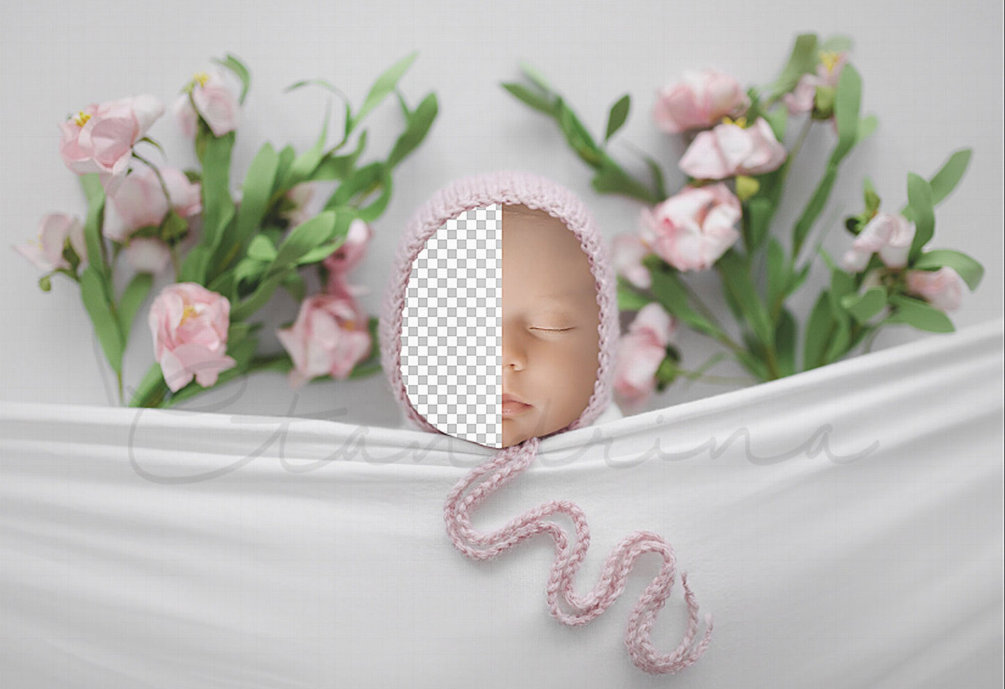 Spring Newborn Digital Backdrop, Floral Baby Digital Background, Pink and White, PNG Newborn Digital Backdrop for Photoshop