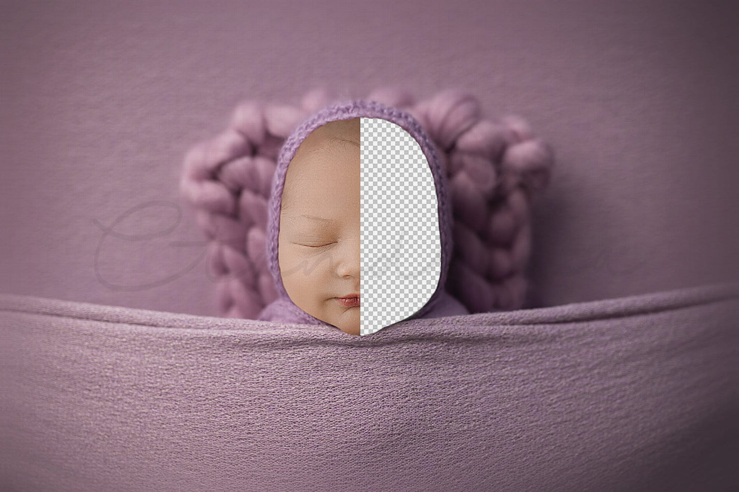 Baby Under Covers with Purple Bump Blanket and Bonnet Newborn Digital Backdrop, PNG Newborn Digital Background, Replace the Face Backdrop