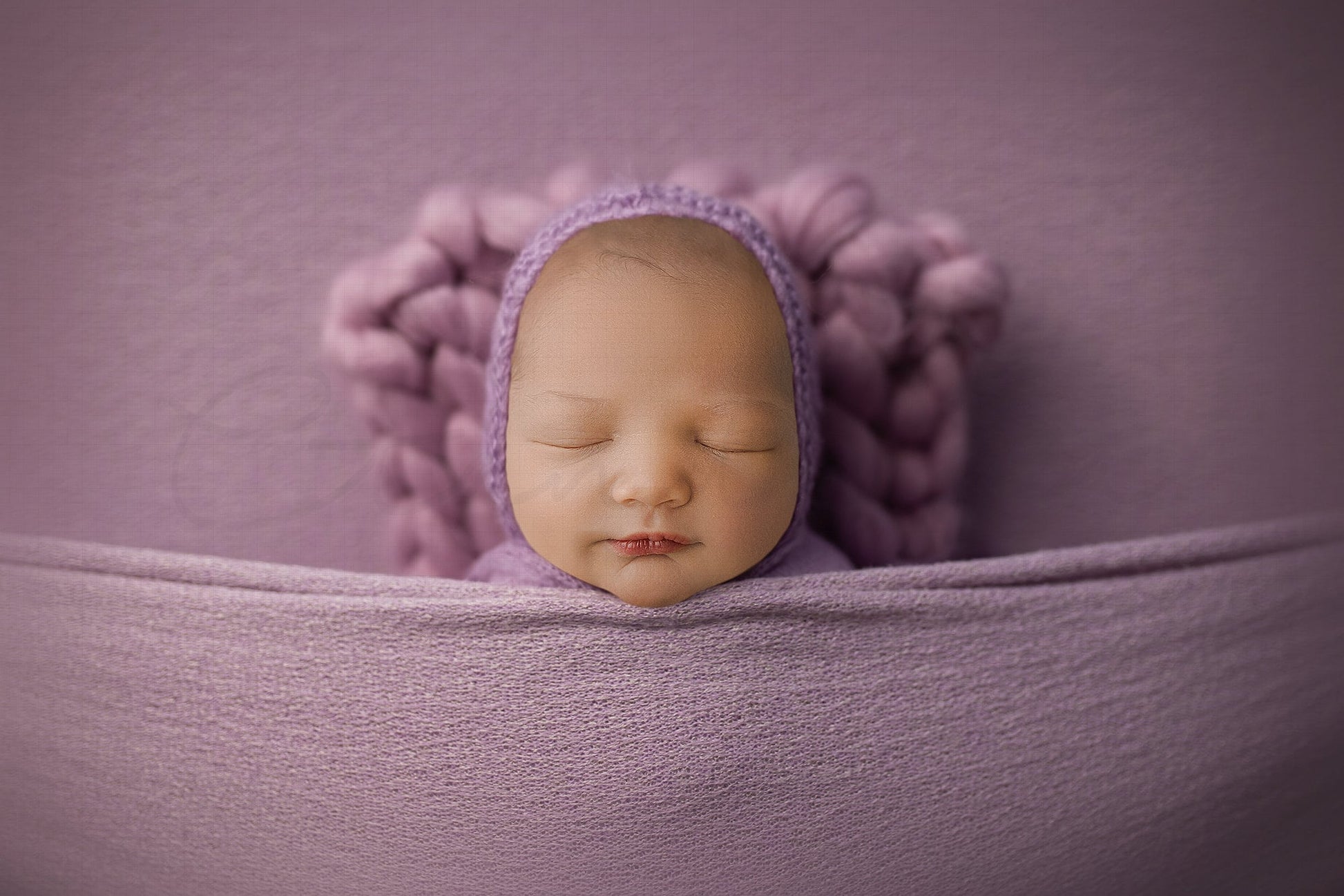 Baby Under Covers with Purple Bump Blanket and Bonnet Newborn Digital Backdrop, PNG Newborn Digital Background, Replace the Face Backdrop