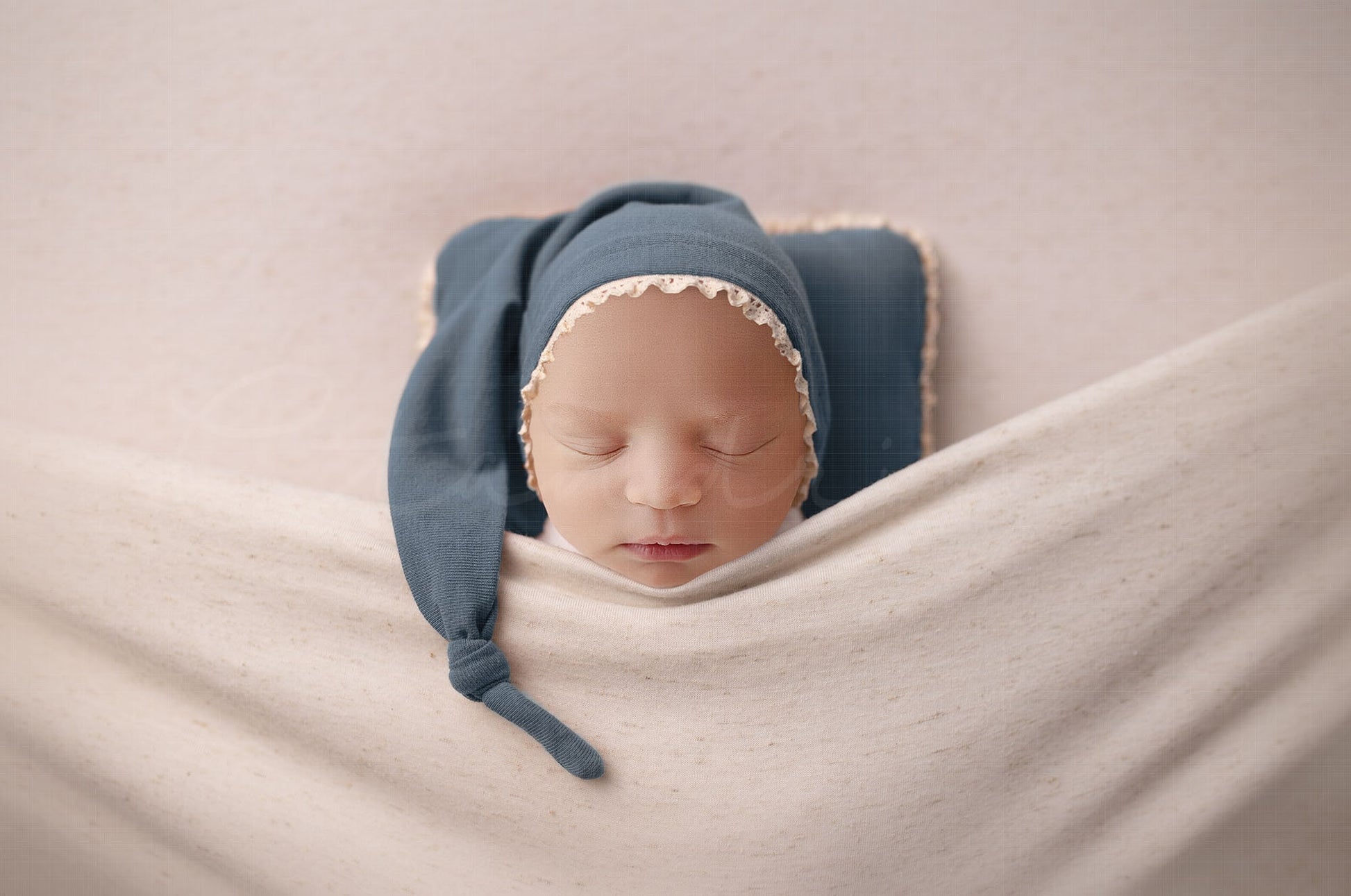 Baby Under Covers with Sleepy Hat and Pillow Newborn Digital Backdrop, PNG Newborn Digital Background, Replace the Face Backdrop