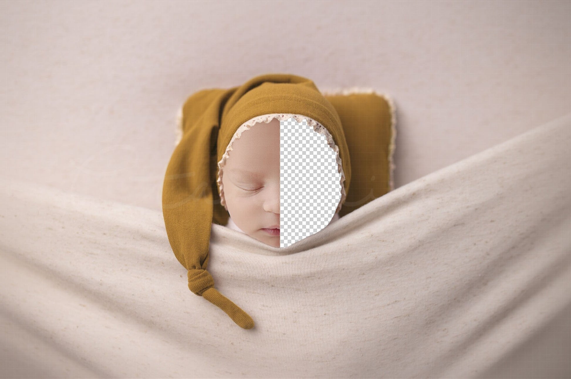 Baby Under Covers with Sleepy Hat and Pillow Newborn Digital Backdrop, PNG Newborn Digital Background, Replace the Face Backdrop