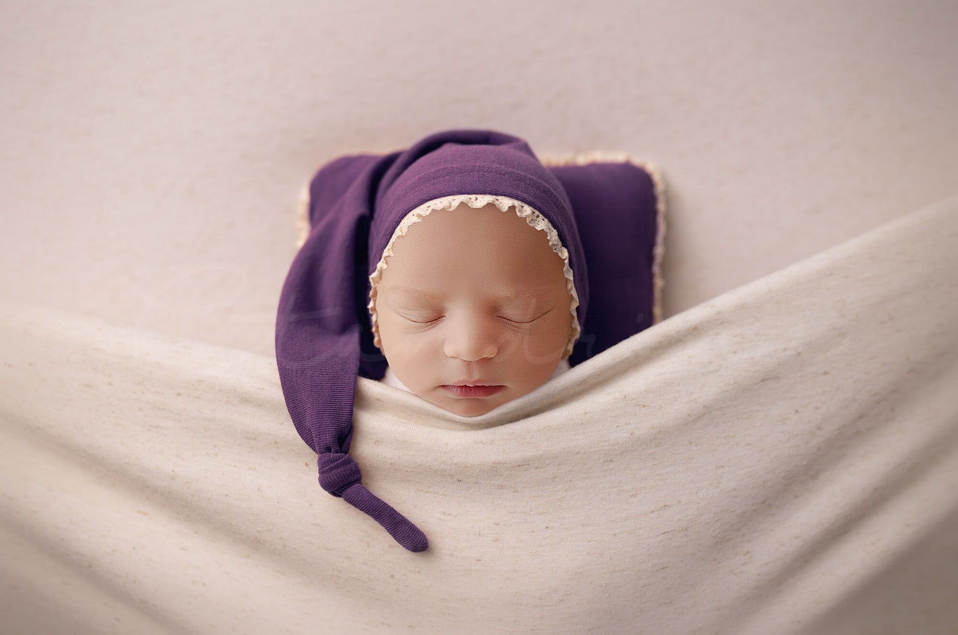 Baby Under Covers with Sleepy Hat and Pillow Newborn Digital Backdrop, PNG Newborn Digital Background, Replace the Face Backdrop