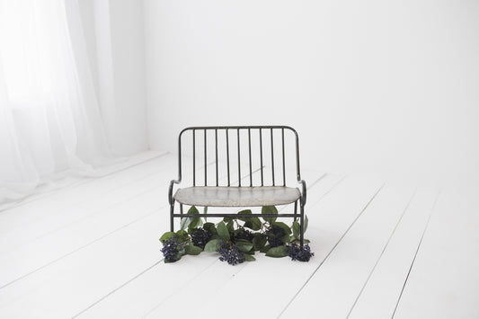 Baby Digital Backdrop, Metal Bench with Flowers, White Birthday Backdrop with Window Light, White Studio Backdrop for Baby Photography