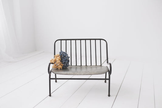 Baby Digital Backdrop, Metal Bench with Flowers, White Birthday Backdrop with Window Light, White Studio Backdrop for Baby Photography