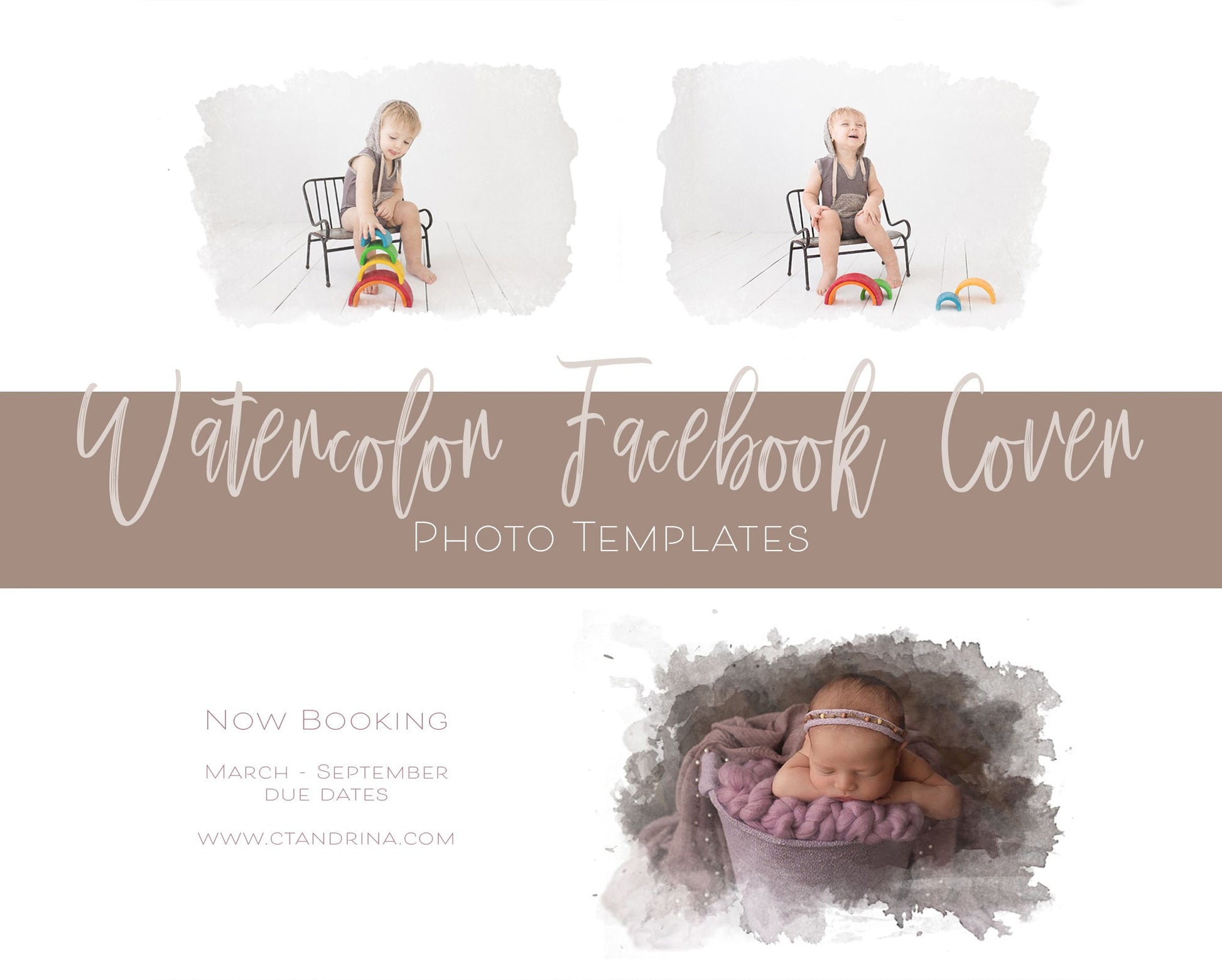 Cover photo of three different images containing the usage of watercolor facebook cover photo templates as examples of what to expect when applying this digital product.