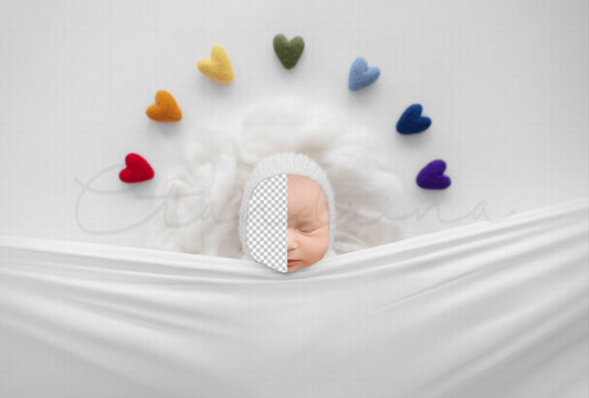 Rainbow Baby Newborn Digital Backdrop, Baby Under Covers Digital Backdrop, Cloud and Felt Hearts, PNG Newborn Digital Backdrop for Photoshop