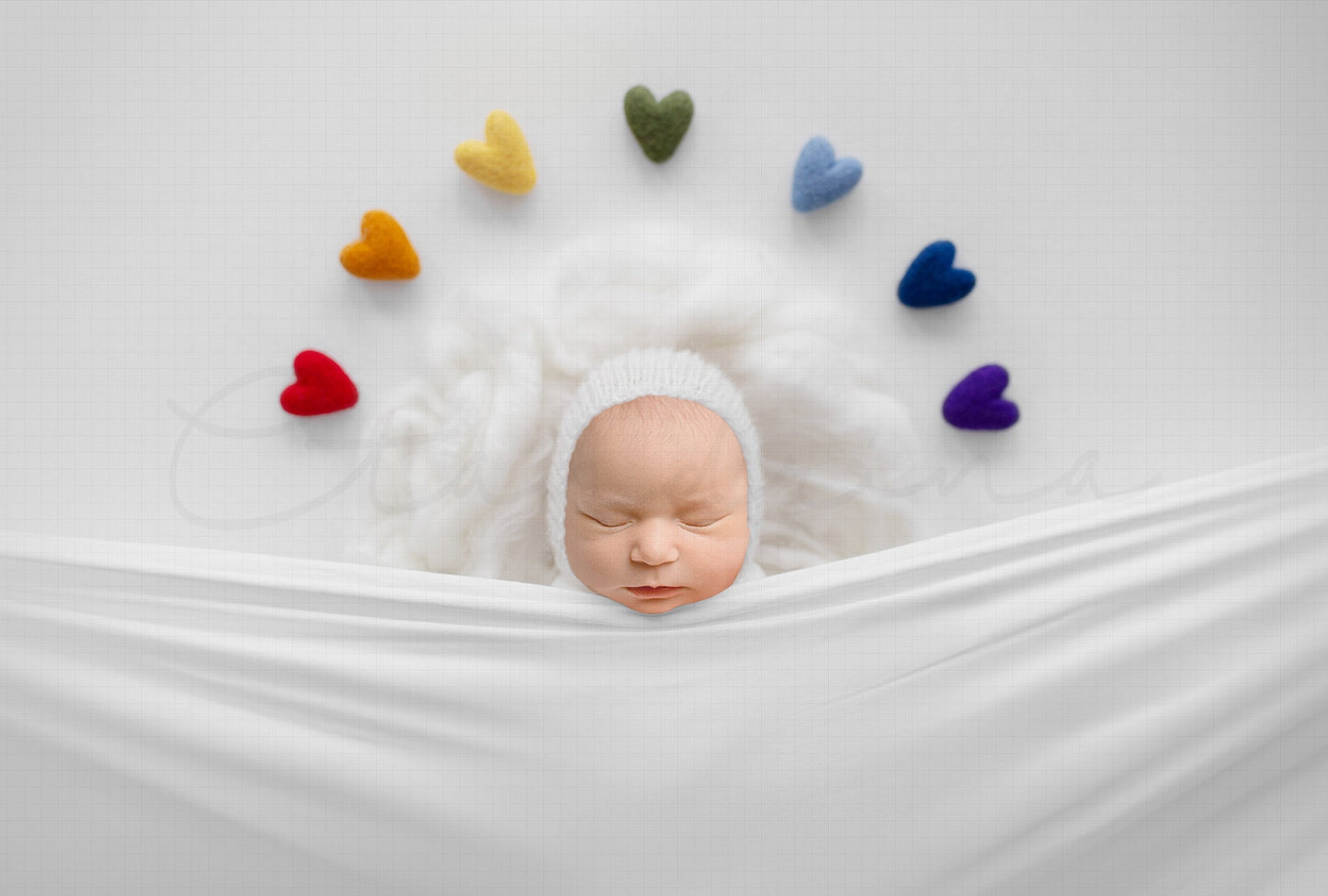 Rainbow Baby Newborn Digital Backdrop, Baby Under Covers Digital Backdrop, Cloud and Felt Hearts, PNG Newborn Digital Backdrop for Photoshop