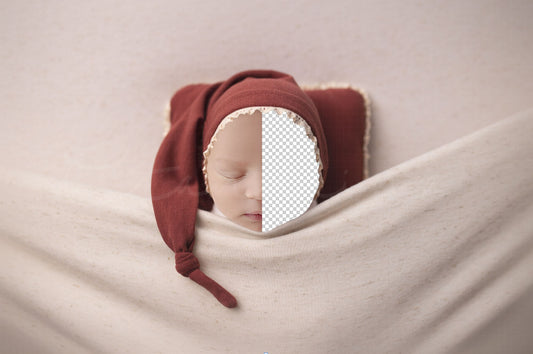 Baby Under Covers with Sleepy Hat and Pillow Newborn Digital Backdrop, PNG Newborn Digital Background, Replace the Face Backdrop