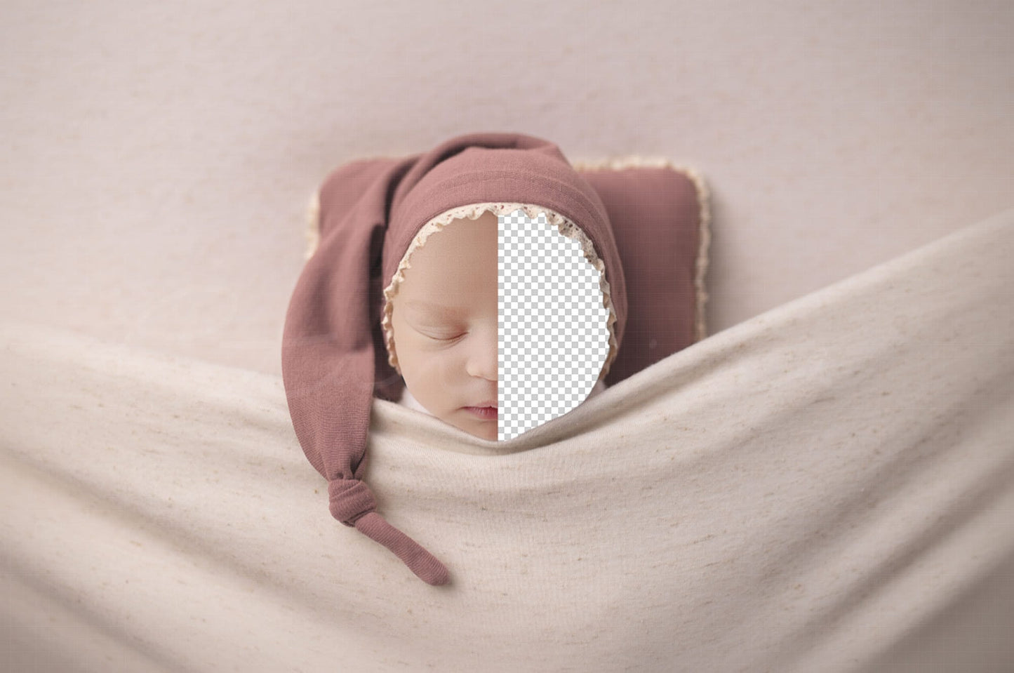 Baby Under Covers with Sleepy Hat and Pillow Newborn Digital Backdrop, PNG Newborn Digital Background, Replace the Face Backdrop