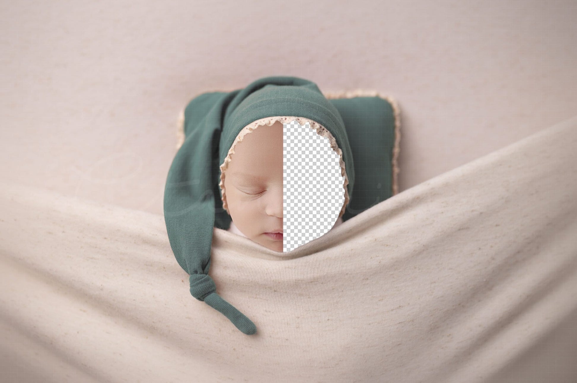 Baby Under Covers with Sleepy Hat and Pillow Newborn Digital Backdrop, PNG Newborn Digital Background, Replace the Face Backdrop