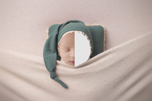 Baby Under Covers with Sleepy Hat and Pillow Newborn Digital Backdrop, PNG Newborn Digital Background, Replace the Face Backdrop