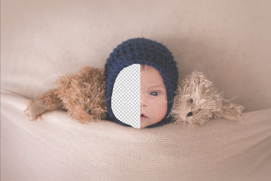 Tan Teddy Bear Under Covers Newborn Digital Backdrop, Baby Boy Digital Background, Newborn PNG Replace the Face Backdrop for Photoshop