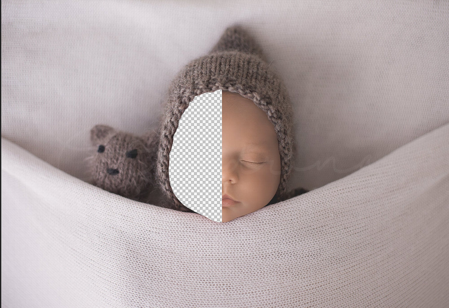 Teddy Bear Under Covers with Pixie Bonnet Newborn Digital Backdrop, PNG Newborn Digital Background, Replace the Face Backdrop for Photoshop