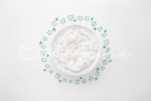 Hand Drawn Clover Newborn Digital Backdrop, St. Patrick's Day Newborn Background for Photoshop with White Wood Carved Bowl and Wool Fluff